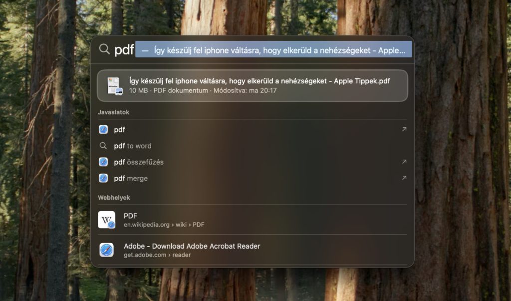 Spotlight keresőben a "PDF&rdquo; sz&oacute; alatta pedig a tal&aacute;lat lista l&aacute;that&oacute;, elsők&eacute;nt egy PDF f&aacute;jlal.