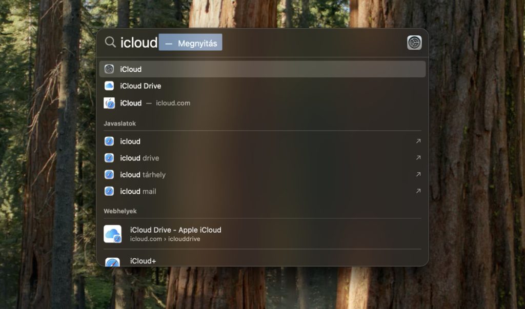 Spotlight keresőben az "icloud&rdquo; felirat alatta pedig a tal&aacute;lat lista l&aacute;that&oacute;, elsők&eacute;nt a rendszer be&aacute;ll&iacute;t&aacute;sok iCloud men&uuml;pontja