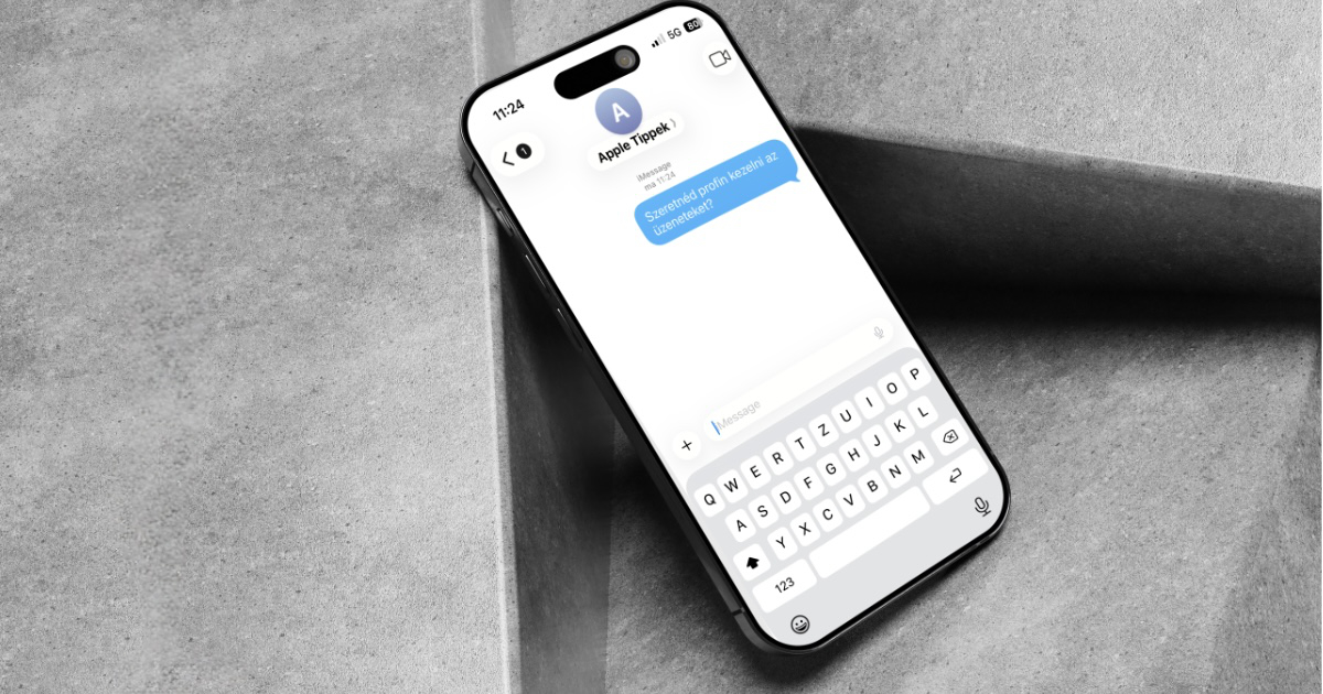Iphone kijelzőj&eacute;n megnyitva az &uuml;zenetek alkalmaz&aacute;s, benne egy r&ouml;vid &uuml;zenettel.