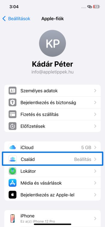 Itt v&aacute;laszd ki a Csal&aacute;d men&uuml;pontot