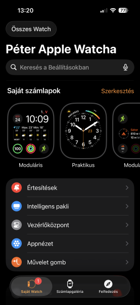 Ez a Watch alkalmaz&aacute;s nyit&oacute;oldala az iPhone-on. Itt v&aacute;laszd az &Eacute;rtes&iacute;t&eacute;sek men&uuml;pontot.